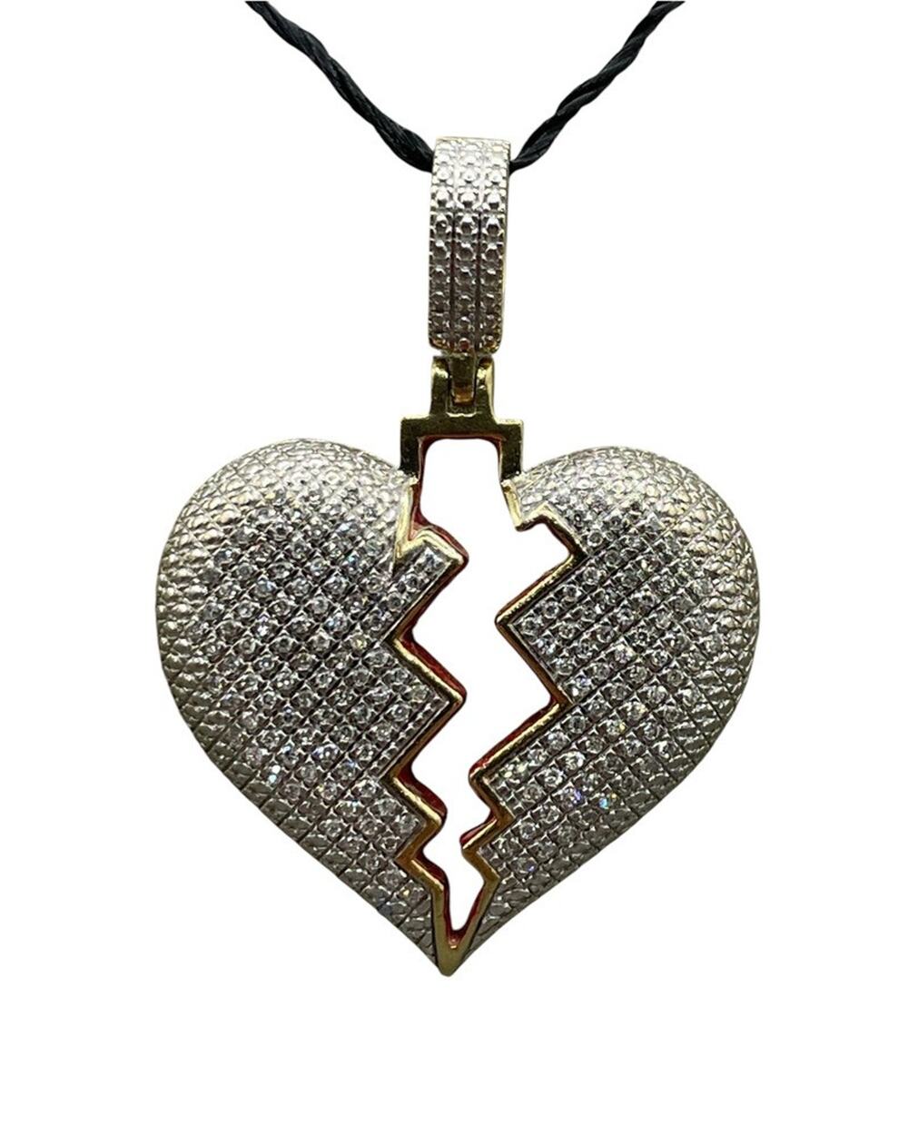 10K Two-tone Diamonds & Red Color Broken Heart Pendant (22100)